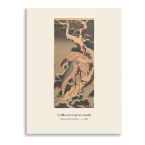 Lámina Grullas en un pino nevado · Hokusai
