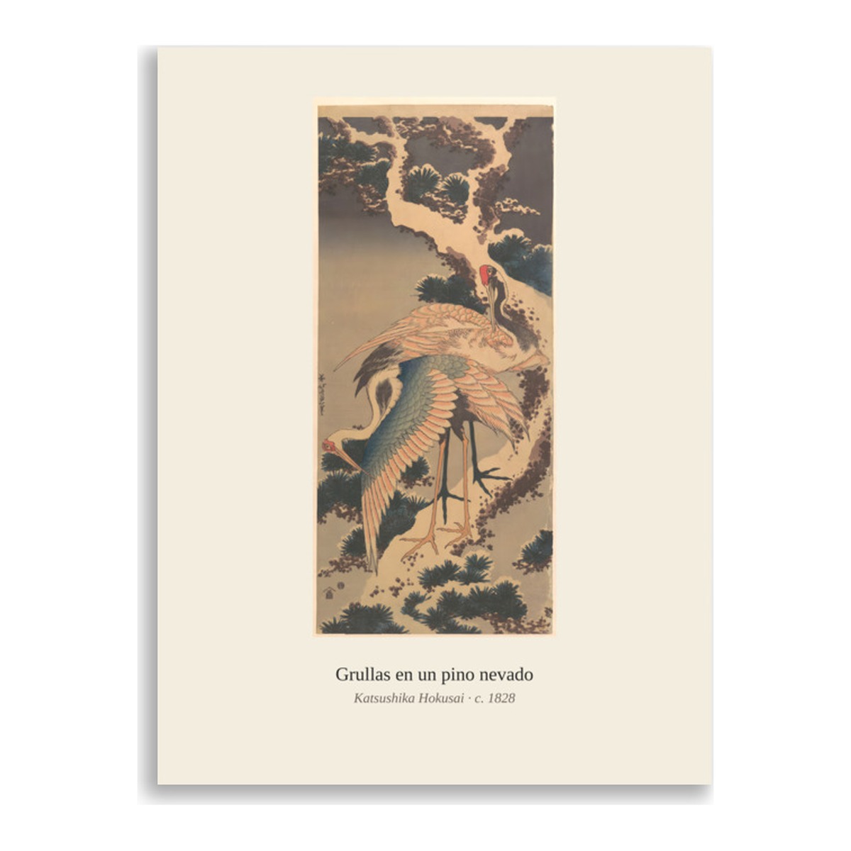 Lámina Grullas en un pino nevado · Hokusai