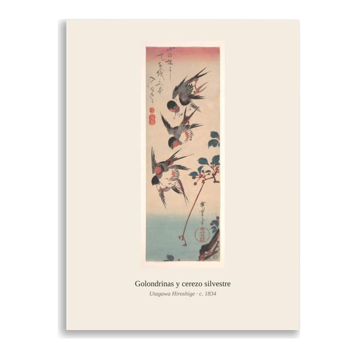 Lámina Golondrinas y cerezo silvestre · Hiroshige