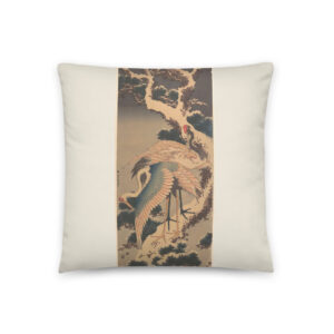 Cojín Grullas en un pino nevado · Hokusai